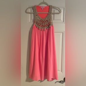Rare Lily Pulitzer coral shift dress with gold crochet detailing